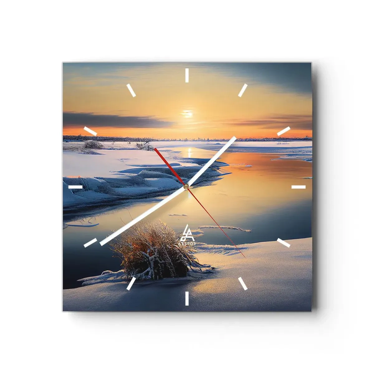 Reloj de pared - Reloj de vidrio - Paisaje invernal con un río al atardecer - 30x30cm - Atardecer de invierno - Decoración de pared moderna para salón y dormitorio ARTTOR