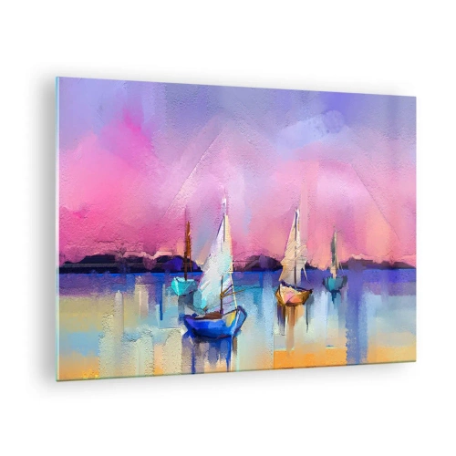 Cuadro sobre vidrio - Impresiones sobre Vidrio - Marina abstracta con veleros al atardecer - 70x50cm - Dirección alta mar - Decoración de pared moderna para salón y dormitorio ARTTOR