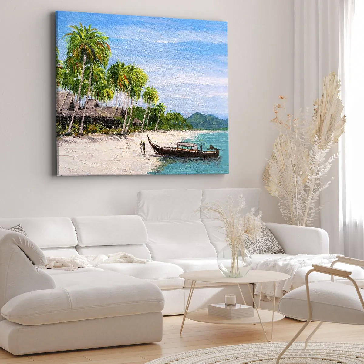 Cuadro sobre lienzo - Impresión de Imagen - Una playa exótica con palmeras y un barco en la orilla. - 120x80cm - Un sueño exótico - Decoración de pared moderna para salón y dormitorio ARTTOR