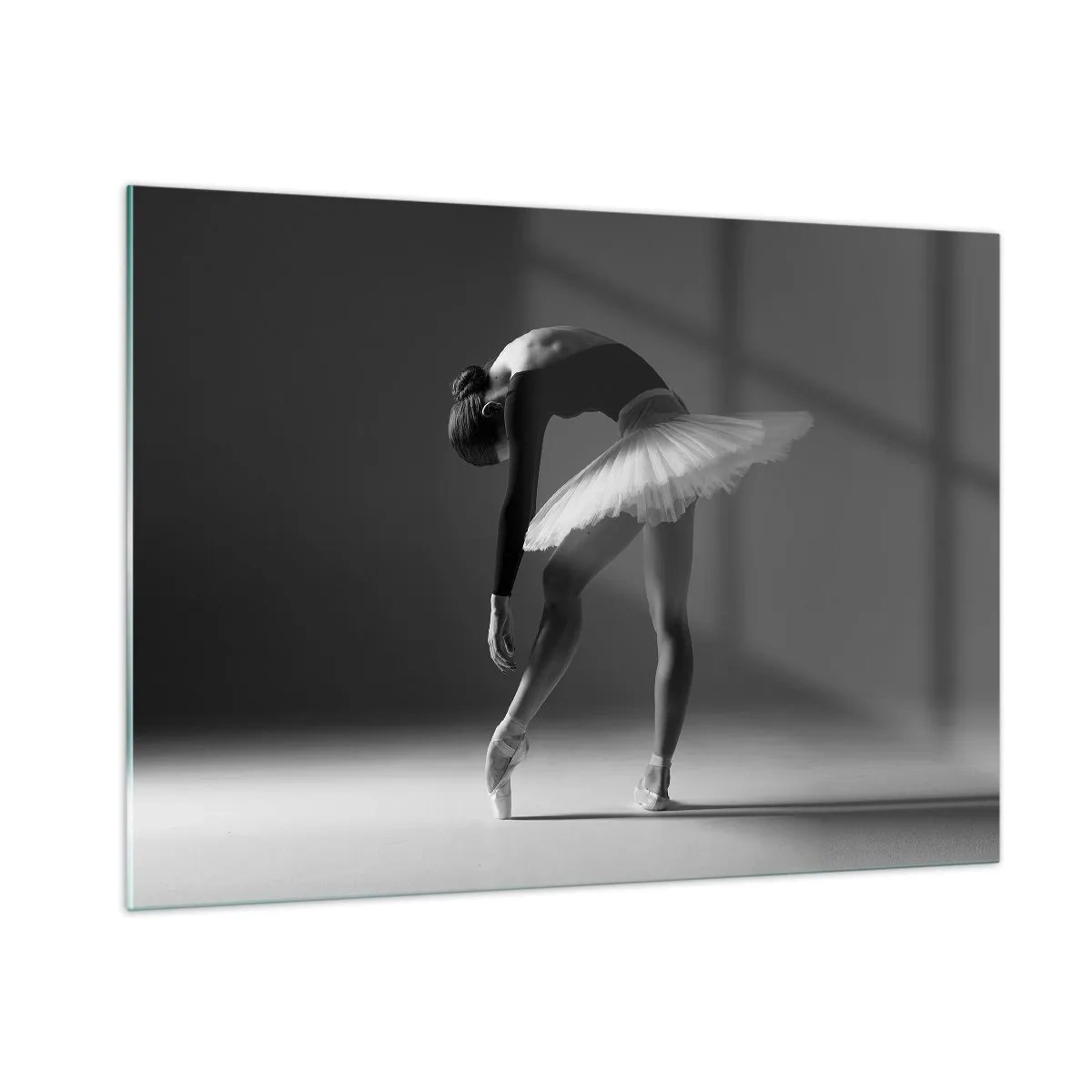 Cuadro sobre vidrio - Impresiones sobre Vidrio - Silueta en blanco y negro de una bailarina en una pose elegante. - 100x70cm - Bella bailarina - Decoración de pared moderna para salón y dormitorio ARTTOR