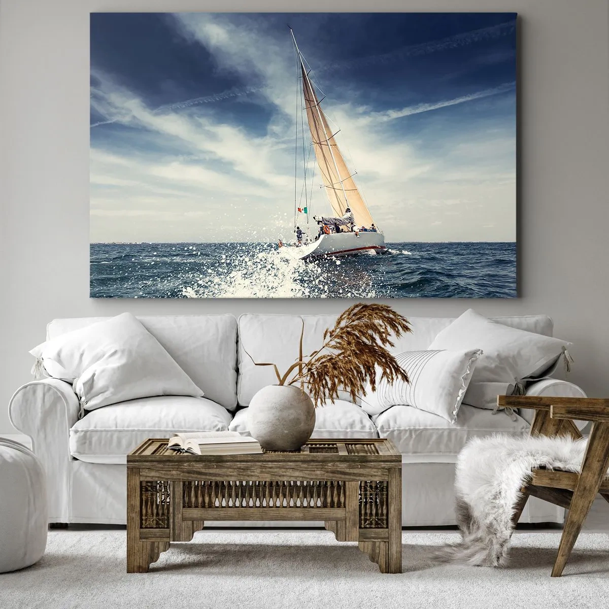 Cuadro sobre lienzo - Impresión de Imagen - Un velero en un mar tempestuoso bajo un cielo azul. - 120x80cm - ¡No nos alcanzarán! - Decoración de pared moderna para salón y dormitorio ARTTOR