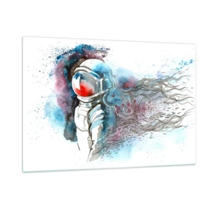 Cuadro sobre vidrio - Impresiones sobre Vidrio - Astronauta en un dinámico entorno espacial de acuarela - 120x80cm - A solas con el cosmos - Decoración de pared moderna para salón y dormitorio ARTTOR