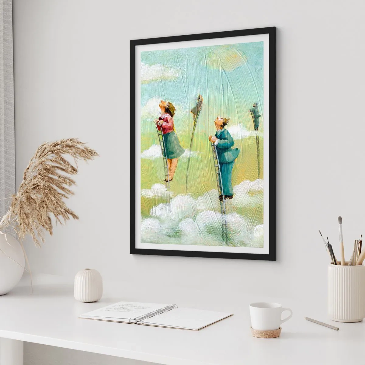 Póster en marco negro - Personajes subiendo escaleras en las nubes - 50x70cm - Sigue tu sueño - Decoración de pared moderna para salón y dormitorio ARTTOR