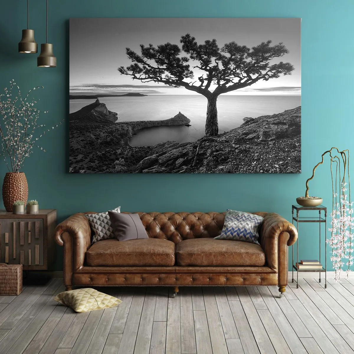 Cuadro sobre lienzo - Impresión de Imagen - Paisaje en blanco y negro con un árbol solitario en un acantilado sobre el mar. - 120x80cm - Calma hasta el horizonte - Decoración de pared moderna para salón y dormitorio ARTTOR