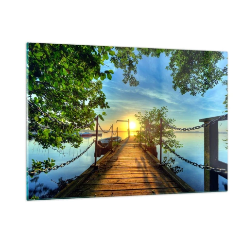 Cuadro sobre vidrio - Impresiones sobre Vidrio - Un muelle con vistas a la puesta de sol sobre el lago. - 120x80cm - Atardecer junto al agua - Decoración de pared moderna para salón y dormitorio ARTTOR