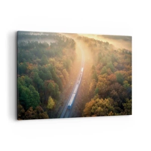 Cuadro sobre lienzo - Impresión de Imagen - Un tren en un bosque otoñal al amanecer. - 120x80cm - Un viaje otoñal - Decoración de pared moderna para salón y dormitorio ARTTOR