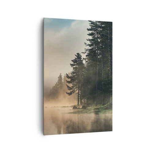 Cuadro sobre lienzo - Impresión de Imagen - Un bosque brumoso sobre un lago tranquilo. - 80x120cm - El nacimiento de un día - Decoración de pared moderna para salón y dormitorio ARTTOR
