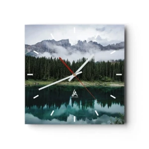 Reloj de pared - Reloj de vidrio - Un paisaje de montaña con un bosque y un lago que refleja el cielo. - 30x30cm - Calla, calla, no despertemos al agua dormida.... - Decoración de pared moderna para salón y dormitorio ARTTOR