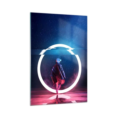 Cuadro sobre vidrio - Impresiones sobre Vidrio - Un personaje en un entorno futurista con un círculo de neón. - 70x100cm - Entre mundos - Decoración de pared moderna para salón y dormitorio ARTTOR