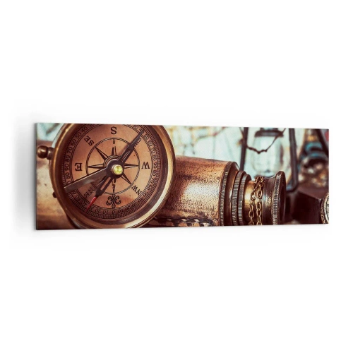 Cuadro sobre lienzo - Impresión de Imagen - Un conjunto retro con brújula, telescopio y mapa con temática de viajes. - 160x50cm - Te espera una aventura pirata en el Caribe - Decoración de pared moderna para salón y dormitorio ARTTOR