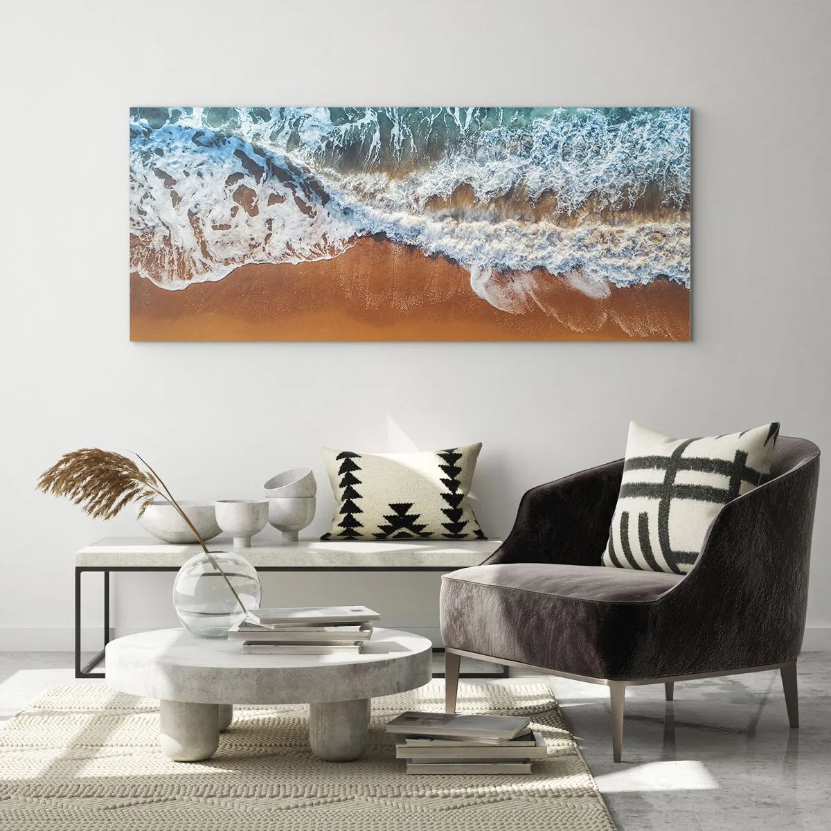 Cuadro sobre vidrio - Impresiones sobre Vidrio - Vista aérea de las olas del océano rompiendo en la orilla - 160x50cm - Siempre a la par - Decoración de pared moderna para salón y dormitorio ARTTOR