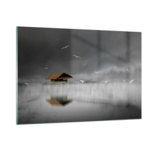 Cuadro sobre vidrio - Impresiones sobre Vidrio - Una casa sobre el agua en la niebla con pájaros volando. - 120x80cm - Resguardo de la lluvia - Decoración de pared moderna para salón y dormitorio ARTTOR