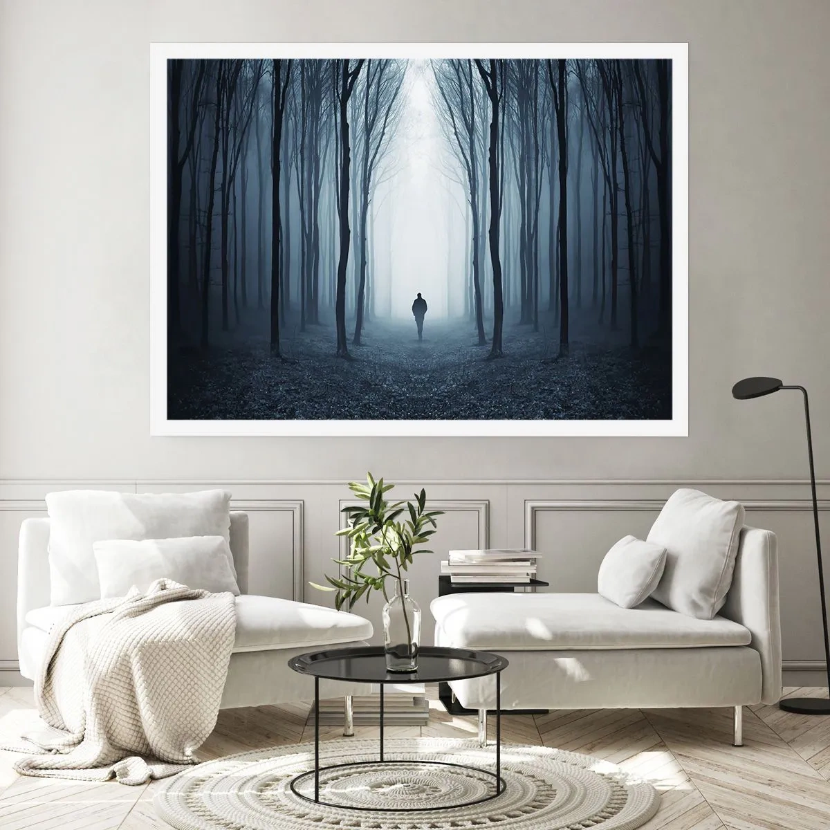 Póster - Una figura caminando entre los árboles en un bosque brumoso. - 100x70cm - Alto y claro - Decoración de pared moderna para salón y dormitorio ARTTOR