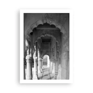 Póster - Fotografía en blanco y negro de arquitectura con columnas. - 50x70cm - El escenario de los cuentos de Oriente - Decoración de pared moderna para salón y dormitorio ARTTOR