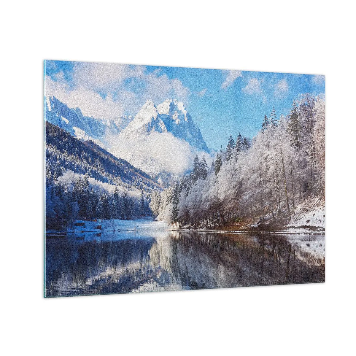 Cuadro sobre vidrio - Impresiones sobre Vidrio - Paisaje invernal con montañas y un lago congelado. - 70x50cm - Guardia de nieve - Decoración de pared moderna para salón y dormitorio ARTTOR