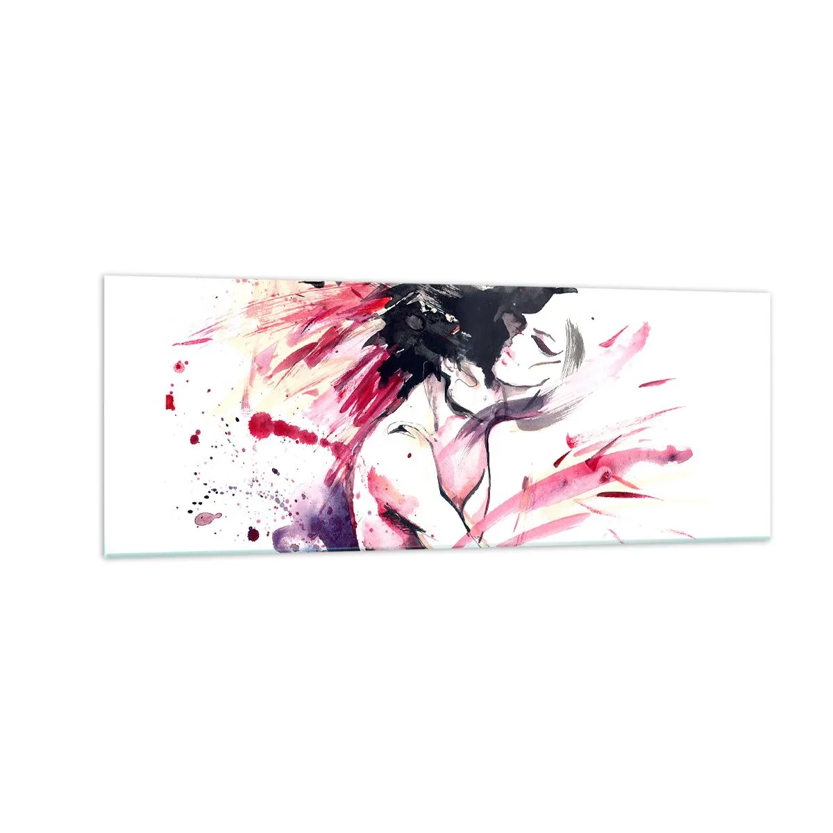 Cuadro sobre vidrio - Impresiones sobre Vidrio - Retrato abstracto de una mujer con acentos rojos dinámicos. - 140x50cm - La plenitud del amor - Decoración de pared moderna para salón y dormitorio ARTTOR