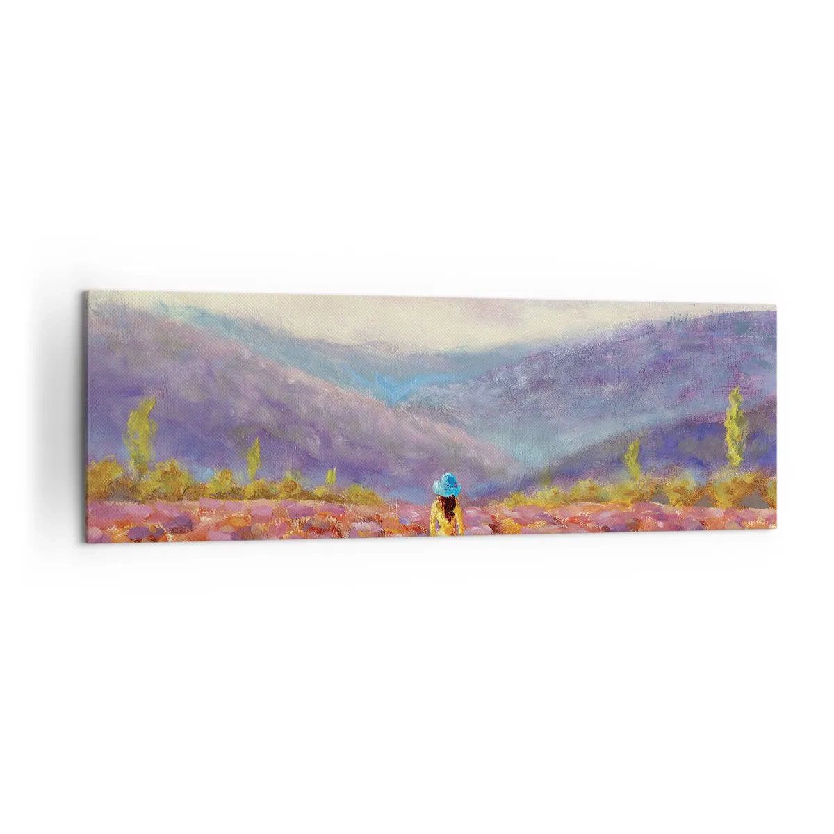 Cuadro sobre lienzo - Impresión de Imagen - Una mujer con sombrero caminando por un campo de lavanda. - 160x50cm - En un mundo de lavanda - Decoración de pared moderna para salón y dormitorio ARTTOR
