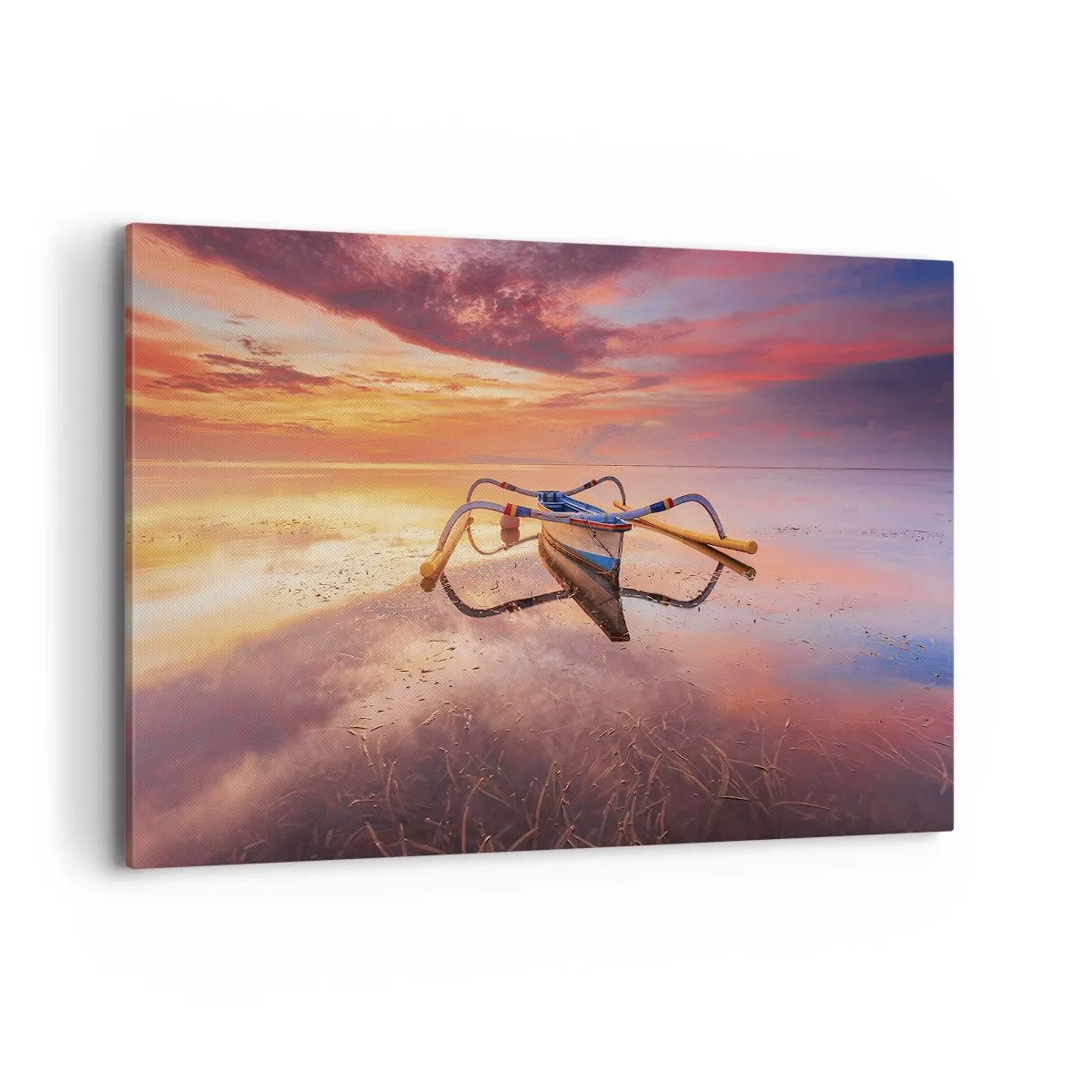 Cuadro sobre lienzo - Impresión de Imagen - Un barco en aguas tranquilas al atardecer. - 120x80cm - Calma de una tarde tropical - Decoración de pared moderna para salón y dormitorio ARTTOR