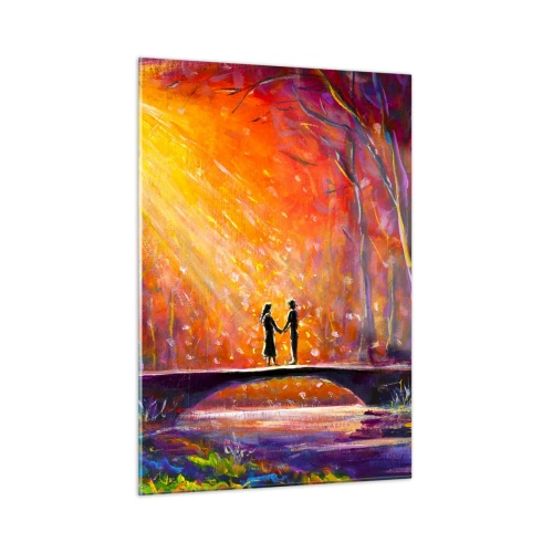 Cuadro sobre vidrio - Impresiones sobre Vidrio - Una pareja en un puente a la luz del sol poniente, rodeada de árboles. - 50x70cm - El cielo también los ama - Decoración de pared moderna para salón y dormitorio ARTTOR