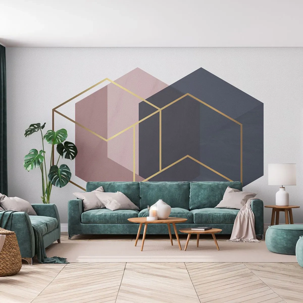 Fotomural Premium Canvas - Formas geométricas en líneas doradas sobre un fondo pastel. - 100x70cm - El poder de la sencillez - Decoración de pared moderna para salón y dormitorio ARTTOR