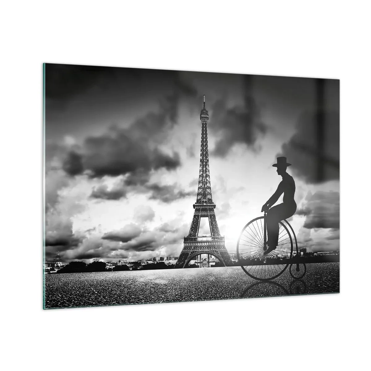 Cuadro sobre vidrio - Impresiones sobre Vidrio - Torre Eiffel con bicicleta retro en blanco y negro - 100x70cm - Añoranza de la Belle Epoque - Decoración de pared moderna para salón y dormitorio ARTTOR