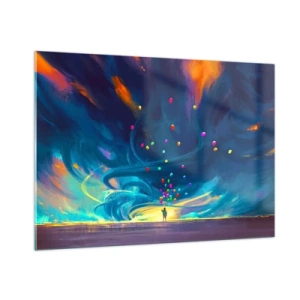 Cuadro sobre vidrio - Impresiones sobre Vidrio - Una persona sostiene globos de colores contra un fondo de viento azul. - 100x70cm - En un viento azul - Decoración de pared moderna para salón y dormitorio ARTTOR