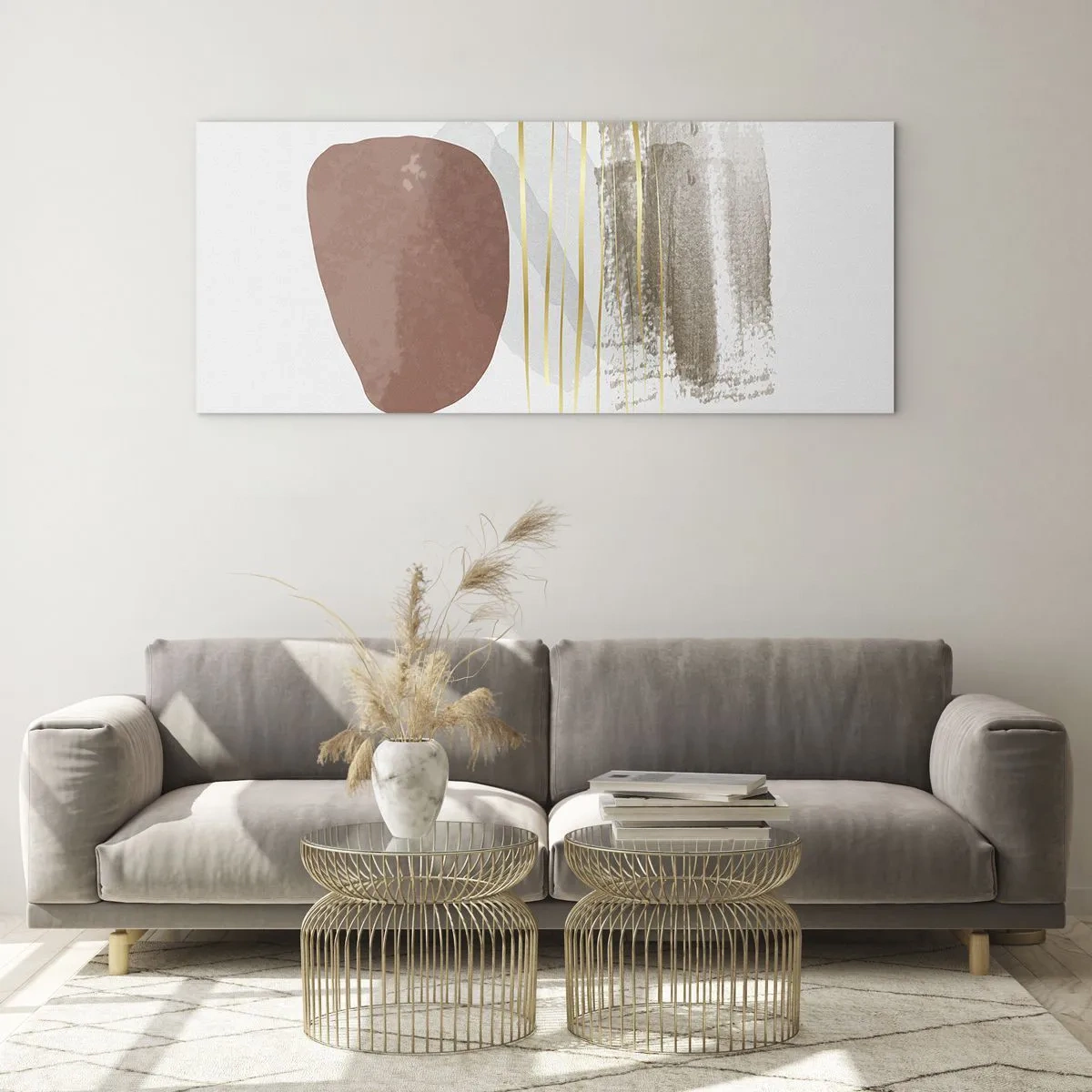 Cuadro sobre vidrio - Impresiones sobre Vidrio - Composición abstracta en tonos beige y dorados. - 140x50cm - Una columnata abstracta - Decoración de pared moderna para salón y dormitorio ARTTOR
