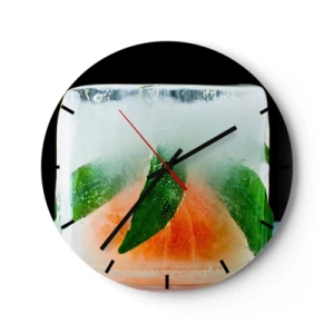 Reloj de pared - Reloj de vidrio - Un cubo de hielo con hojas de menta y una rodaja de pomelo dentro. - 30x30cm - Frescura - Decoración de pared moderna para salón, cocina y dormitorio ARTTOR