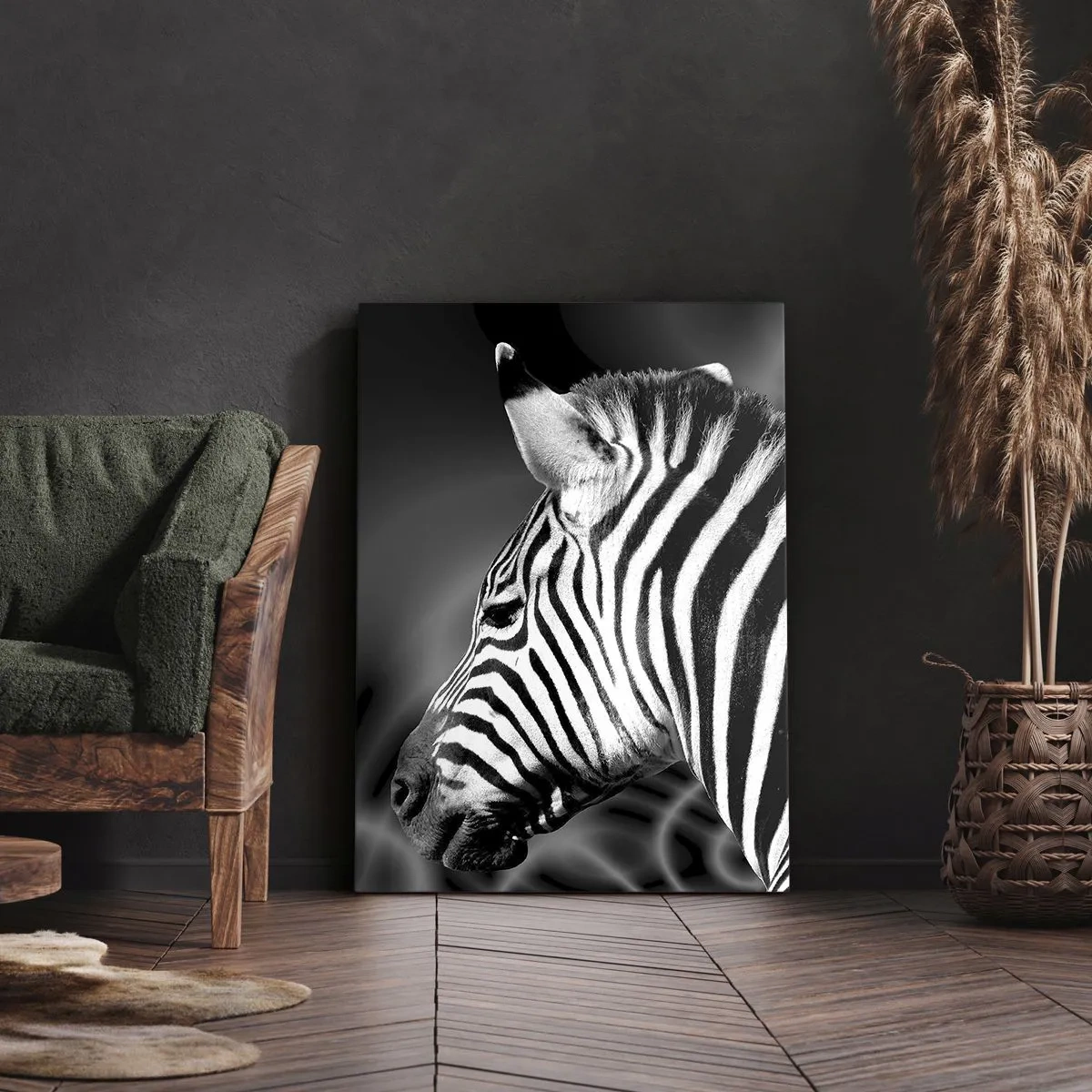 Cuadro sobre lienzo - Impresión de Imagen - Retrato en blanco y negro de una cebra sobre un fondo de patrones abstractos. - 50x70cm - El blanco es blanco, el negro es negro - Decoración de pared moderna para salón y dormitorio ARTTOR