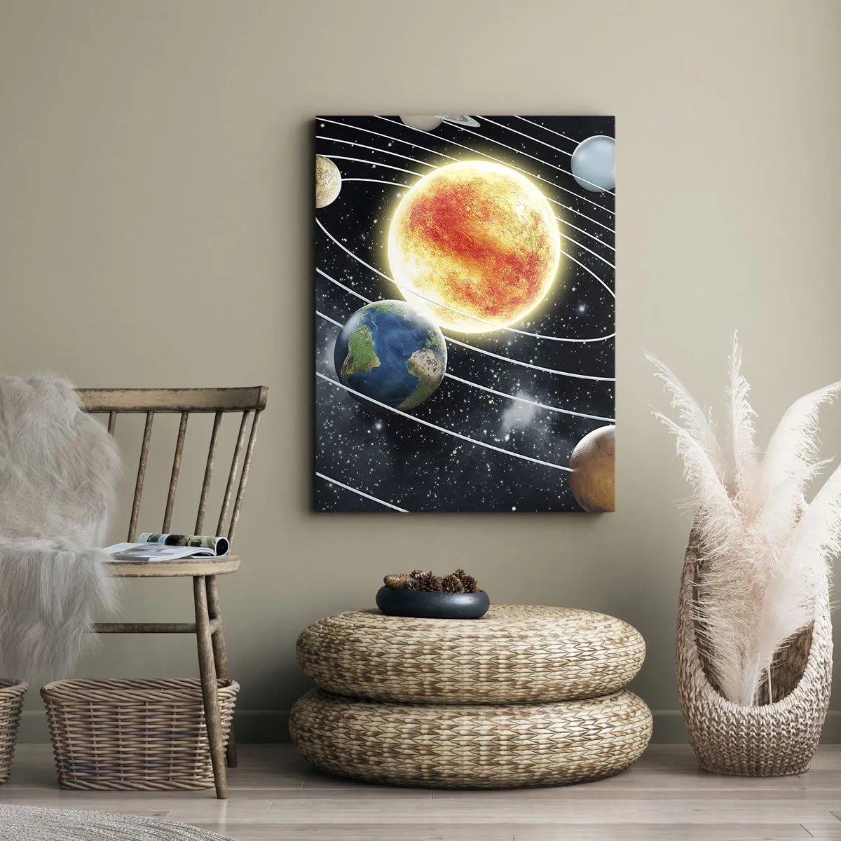 Cuadro sobre lienzo - Impresión de Imagen - Sistema solar con planetas y sol en el espacio. - 50x70cm - Danza cósmica - Decoración de pared moderna para salón y dormitorio ARTTOR