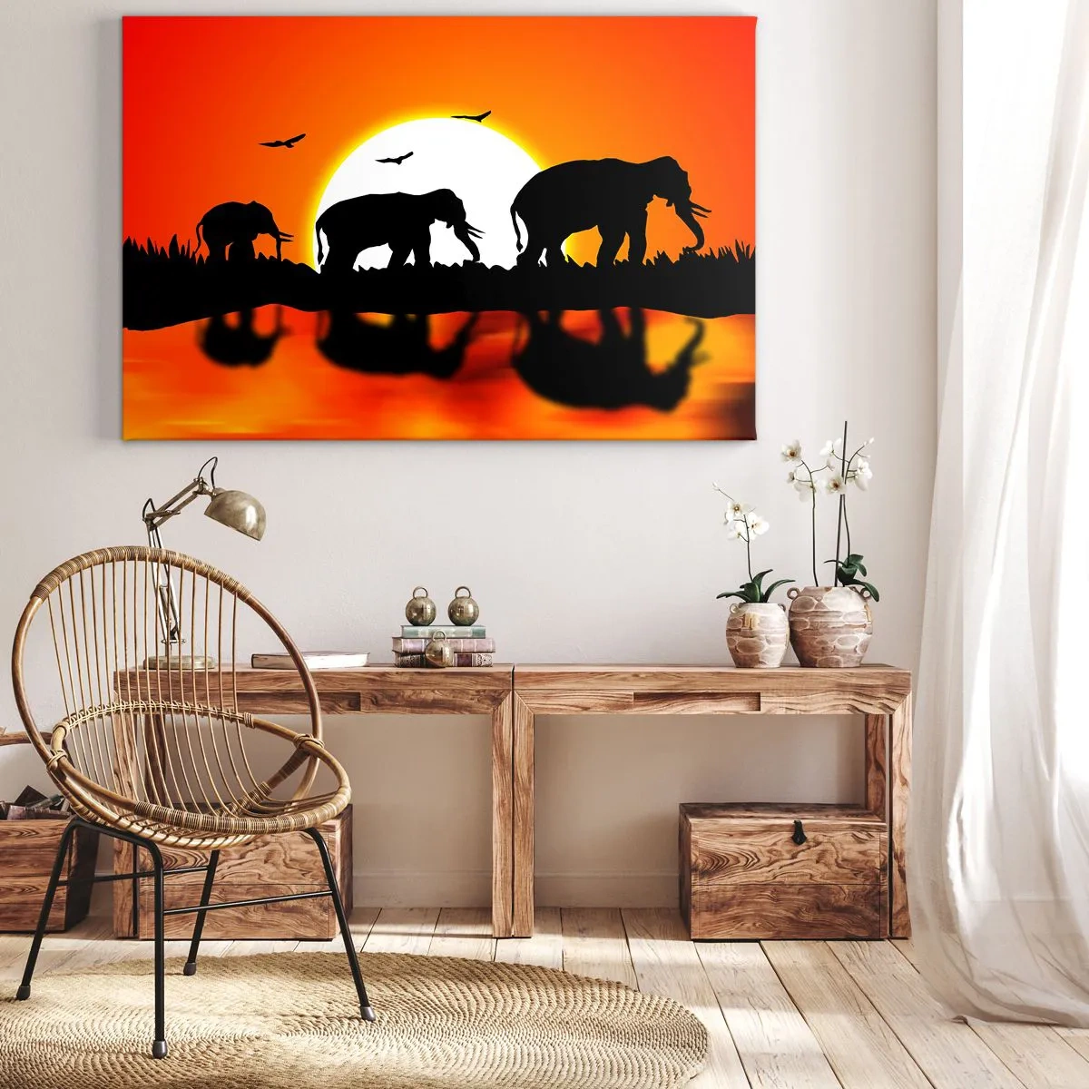 Cuadro sobre lienzo - Impresión de Imagen - Siluetas de elefantes al atardecer sobre el agua con reflejo - 70x50cm - La noche es para tomar una copita - Decoración de pared moderna para salón y dormitorio ARTTOR