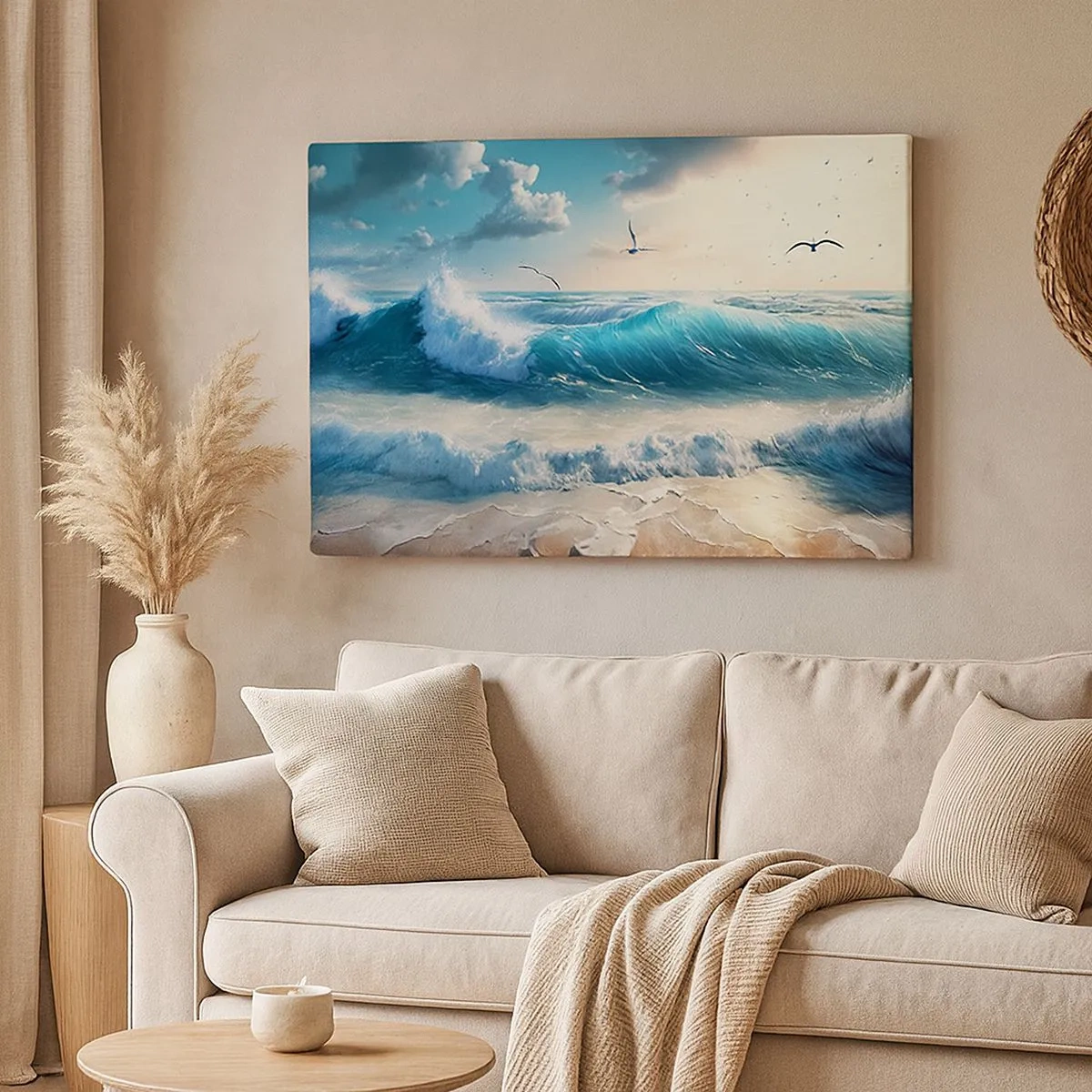 Cuadro sobre lienzo - Impresión de Imagen - Olas del mar en la playa bajo un cielo azul con gaviotas - 70x50cm - La brisa solo para ti - Decoración de pared moderna para salón y dormitorio ARTTOR