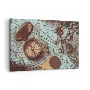 Cuadro sobre lienzo - Impresión de Imagen - Composición con brújula, llaves y un mapa antiguo en estilo retro - 120x80cm - Para el aventurero - Decoración de pared moderna para salón y dormitorio ARTTOR