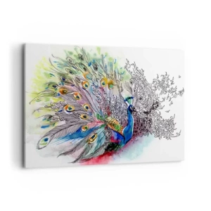 Cuadro sobre lienzo - Impresión de Imagen - Un pavo real en un colorido estilo de acuarela con plumas abstractas. - 120x80cm - Con orgullo contra el gris  - Decoración de pared moderna para salón y dormitorio ARTTOR