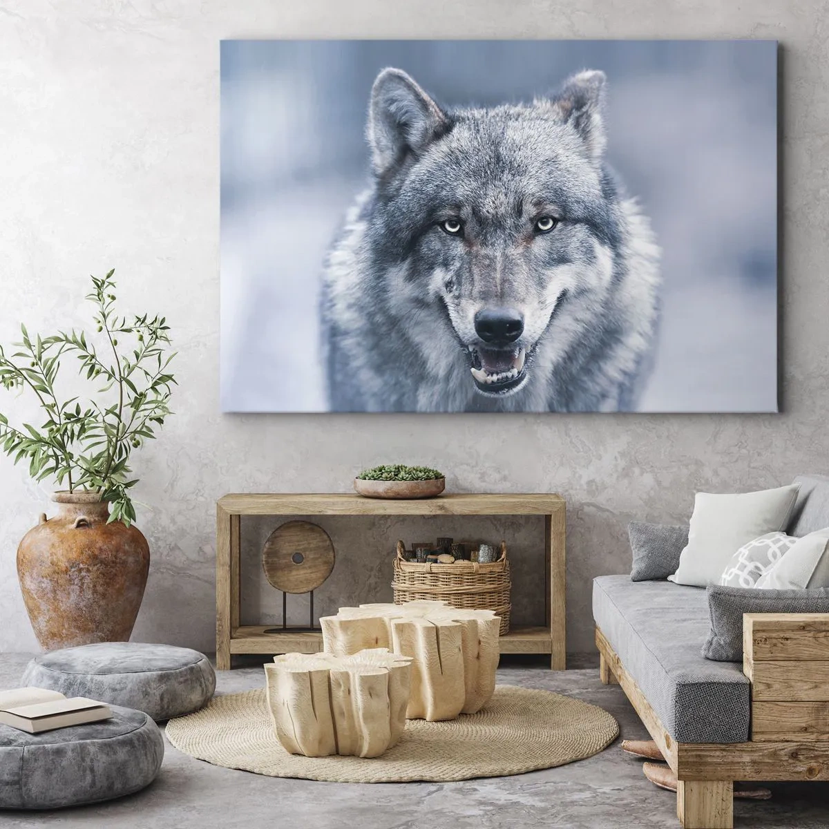 Cuadro sobre lienzo - Impresión de Imagen - Un lobo con una mirada intensa en un paisaje invernal. - 120x80cm - ¿Aceptarás el reto? - Decoración de pared moderna para salón y dormitorio ARTTOR