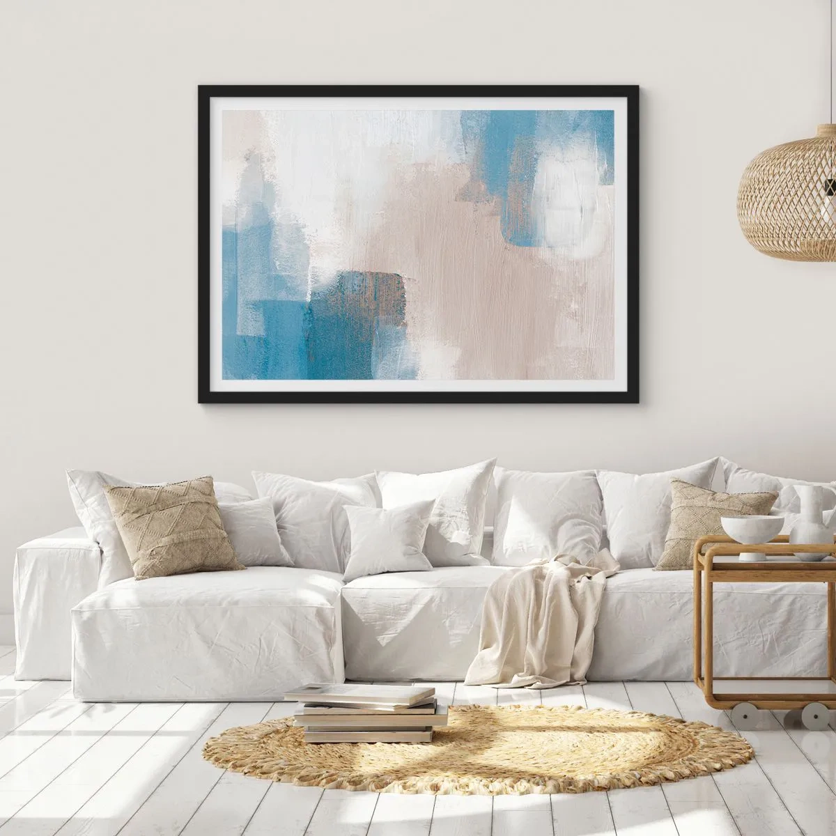 Póster en marco negro - Abstracción rosa tras un velo azul - 50x40 cm