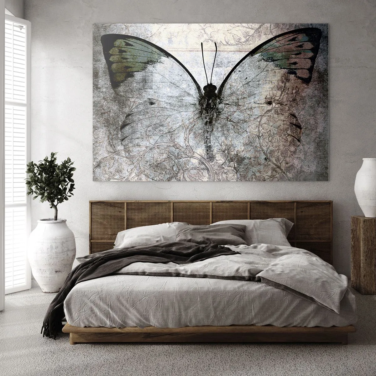 Cuadro sobre vidrio - Impresiones sobre Vidrio - Mariposa abstracta sobre el fondo de un adorno antiguo. - 70x50cm - En el estilo Art Nouveau - Decoración de pared moderna para salón y dormitorio ARTTOR