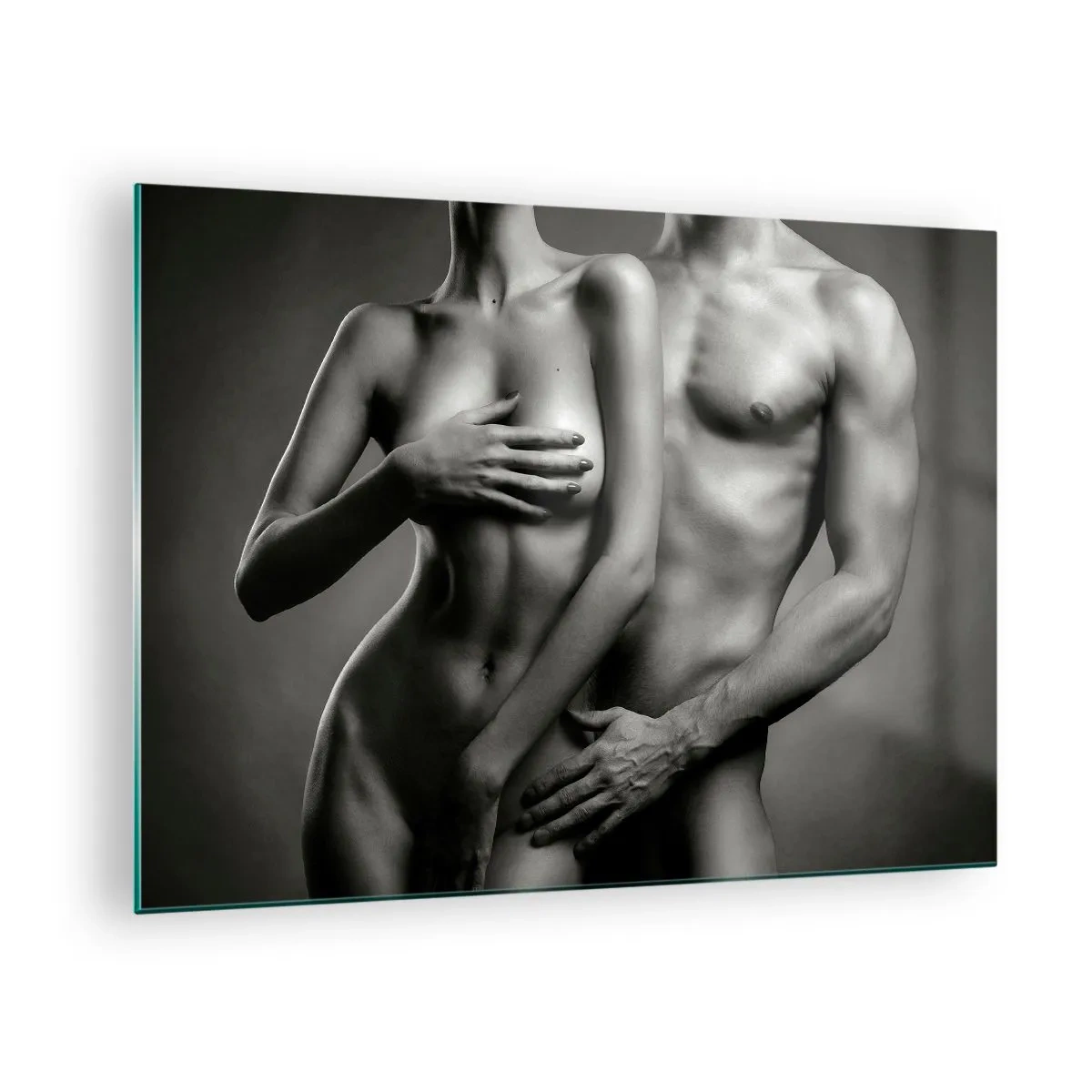 Cuadro sobre vidrio - Impresiones sobre Vidrio - Composición en blanco y negro con siluetas desnudas de una pareja. - 70x50cm - Adán y Eva - Decoración de pared moderna para salón y dormitorio ARTTOR