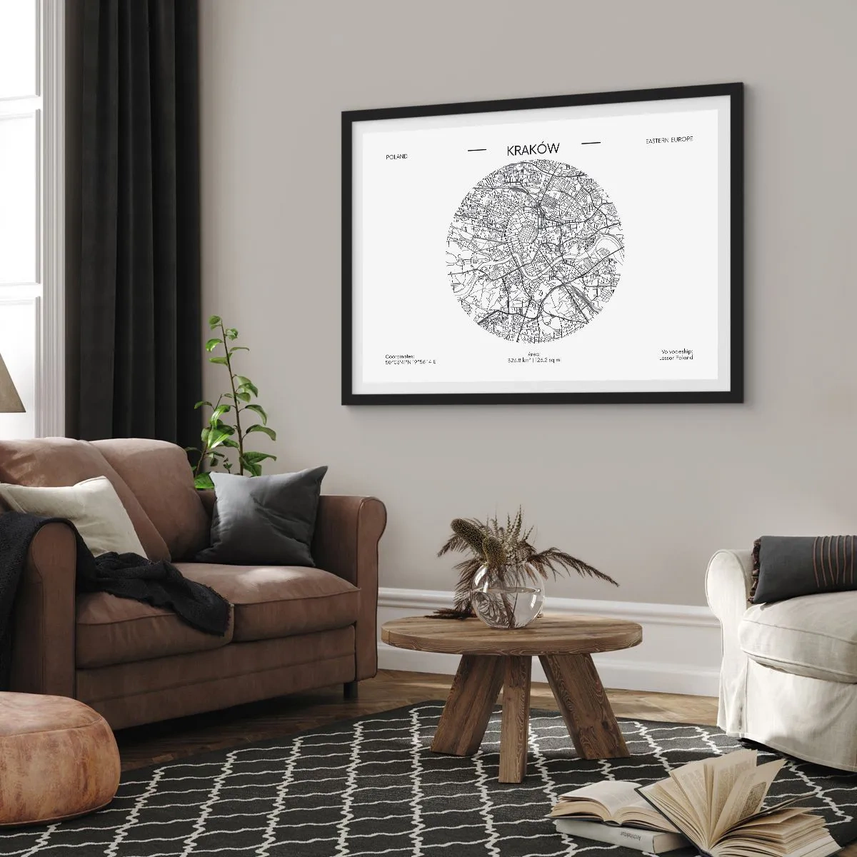 Póster en marco negro - Un mapa de Cracovia en estilo minimalista - 70x50cm - Anatomía de Cracovia - Decoración de pared moderna para salón y dormitorio ARTTOR