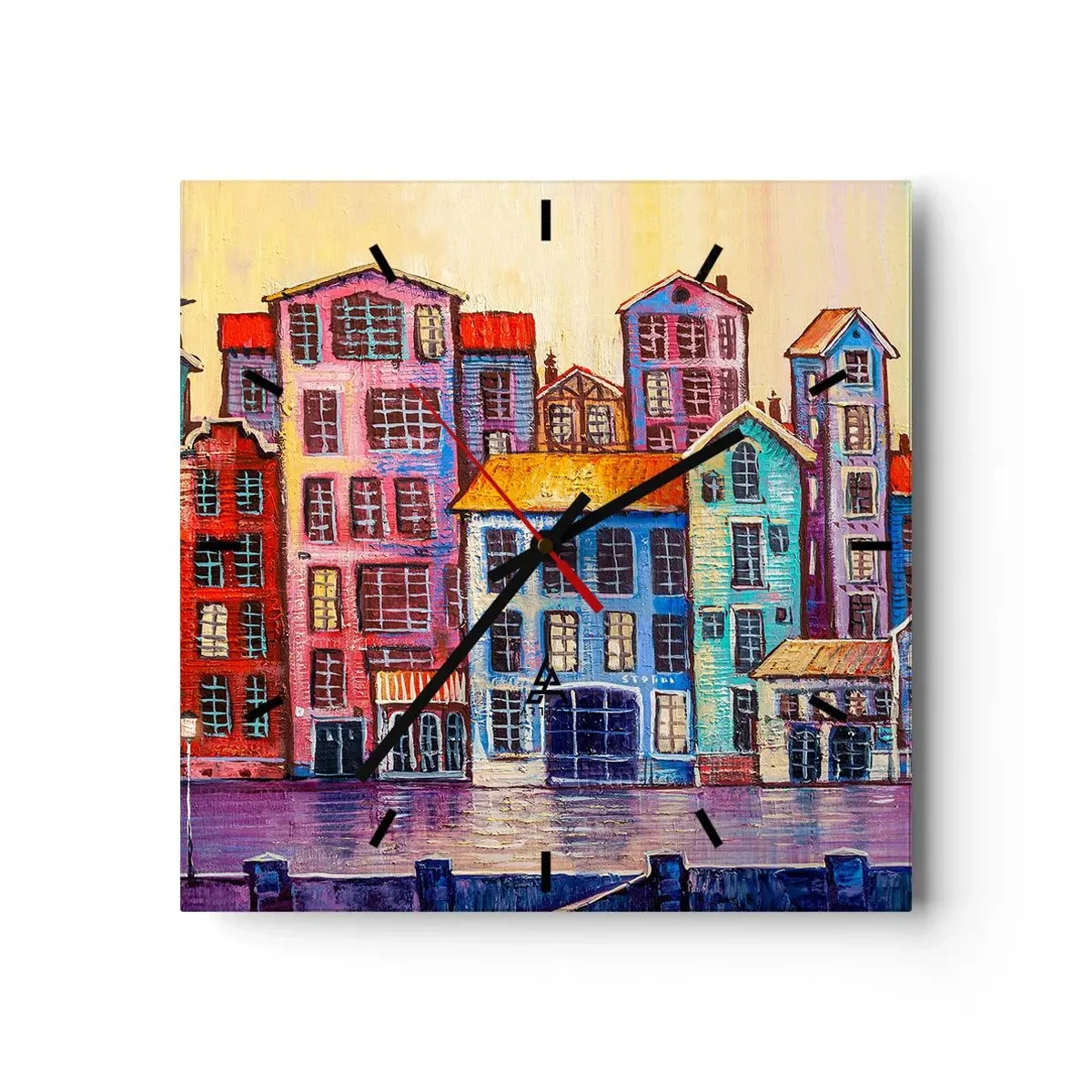 Reloj de pared - Reloj de vidrio - Casas de vecindad coloridas junto al agua en un estilo artístico - 30x30cm - Una ciudad como un cuento de hadas - Decoración de pared moderna para salón y dormitorio ARTTOR