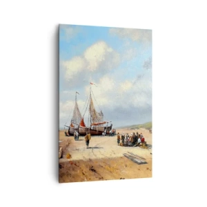 Cuadro sobre lienzo - Impresión de Imagen - Barcos de pesca en la playa con figuras humanas - 80x120cm - Después de una pesca exitosa - Decoración de pared moderna para salón y dormitorio ARTTOR