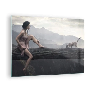 Cuadro sobre vidrio - Impresiones sobre Vidrio - Una mujer y un gato en un tronco de madera en un paisaje lluvioso. - 70x50cm - Picos de belleza - Decoración de pared moderna para salón y dormitorio ARTTOR