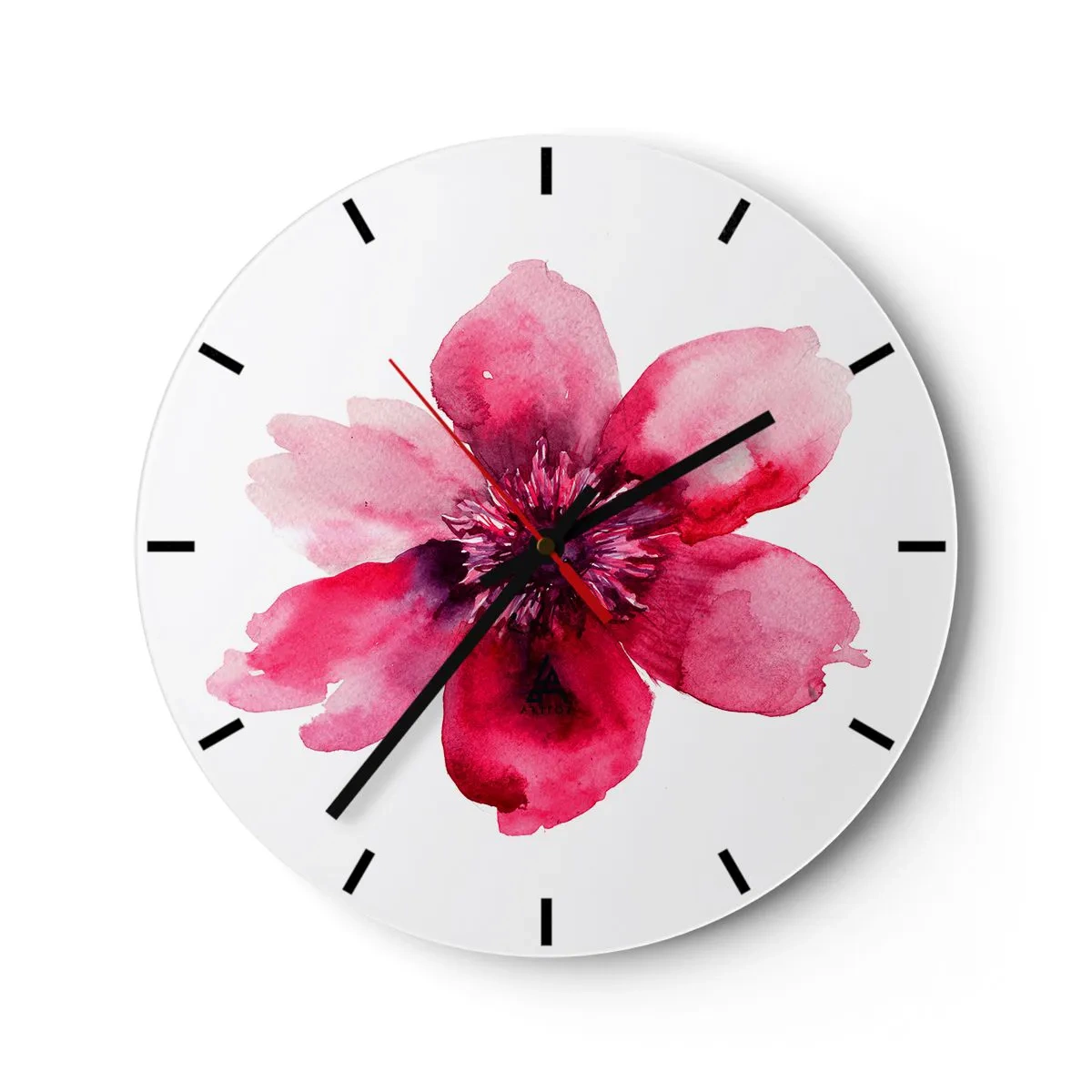 Reloj de pared - Reloj de vidrio - Composición floral roja en acuarela - 30x30cm - Un beso con aroma a carmín - Decoración de pared moderna para salón, cocina y dormitorio ARTTOR