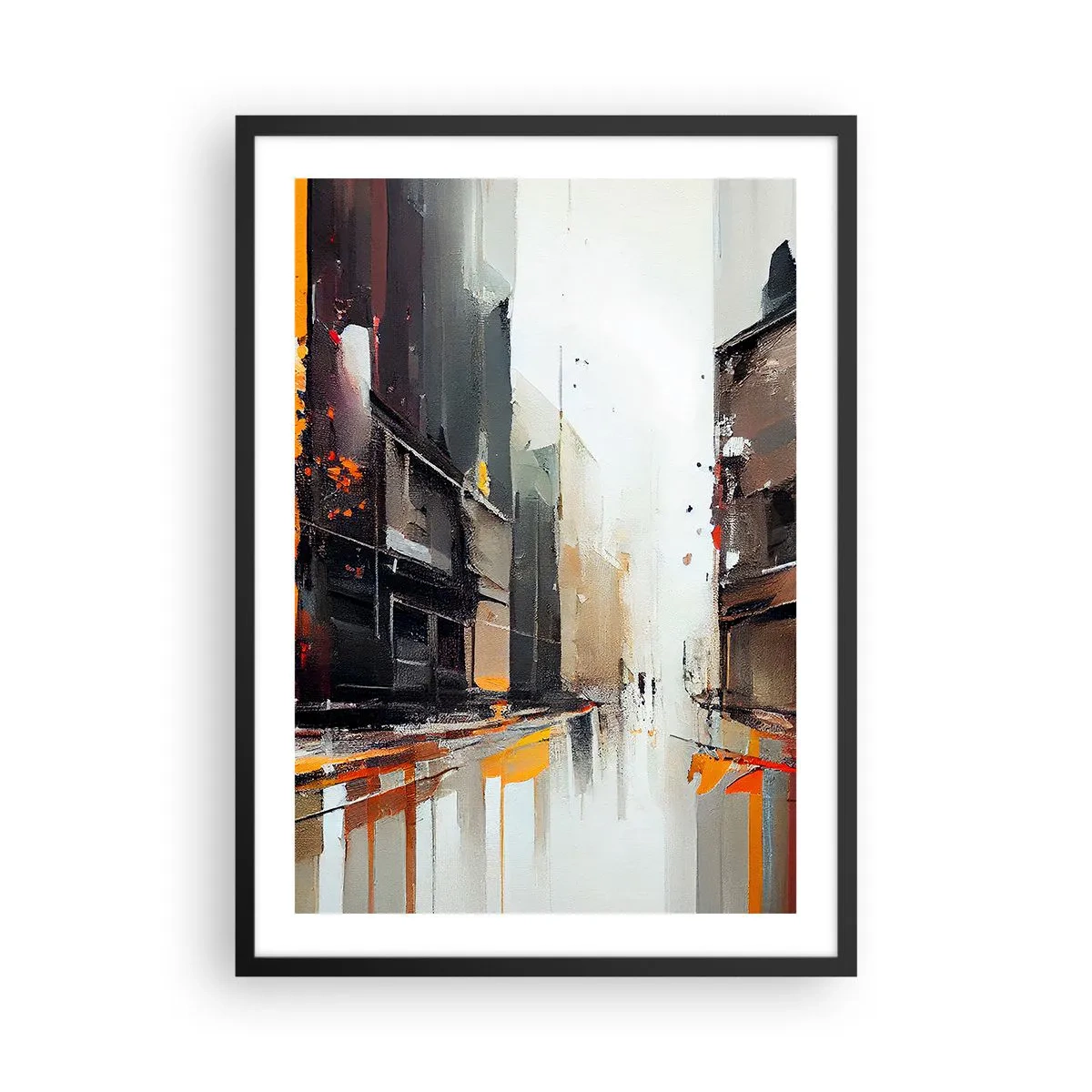 Póster en marco negro - Panorama abstracto de la ciudad en tonos grises y naranjas - 50x70cm - Día lluvioso - Decoración de pared moderna para salón y dormitorio ARTTOR