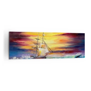 Cuadro sobre lienzo - Impresión de Imagen - Un velero con el telón de fondo de una colorida puesta de sol. - 160x50cm - Valientemente surcando las olas - Decoración de pared moderna para salón y dormitorio ARTTOR