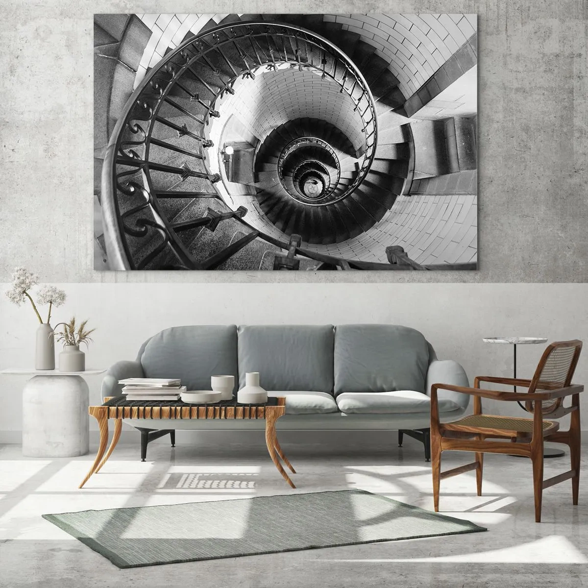 Cuadro sobre vidrio - Impresiones sobre Vidrio - Fotografía en blanco y negro de una escalera de caracol en perspectiva. - 100x70cm - Cada vez más alto - Decoración de pared moderna para salón y dormitorio ARTTOR