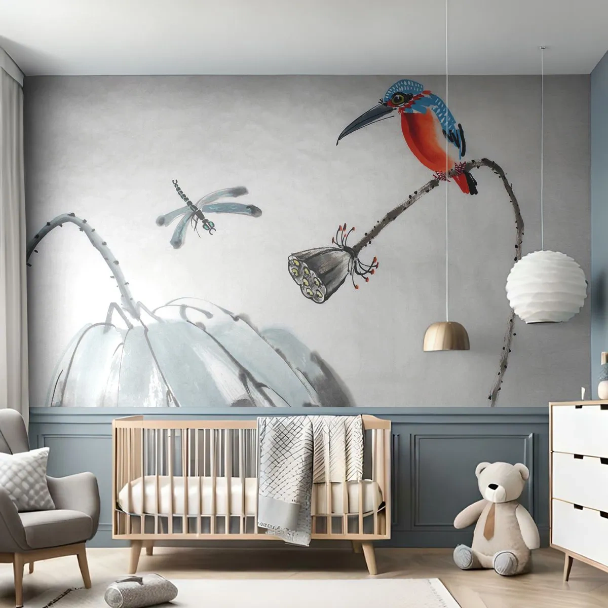 Fotomural Premium Canvas - La vida de la pradera - Abstracción, Pájaro, Flor - 350x256 cm