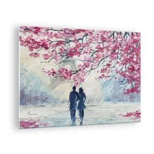 Cuadro sobre vidrio - Impresiones sobre Vidrio - Una pareja caminando bajo árboles en flor. - 70x50cm - Un paseo romántico - Decoración de pared moderna para salón y dormitorio ARTTOR