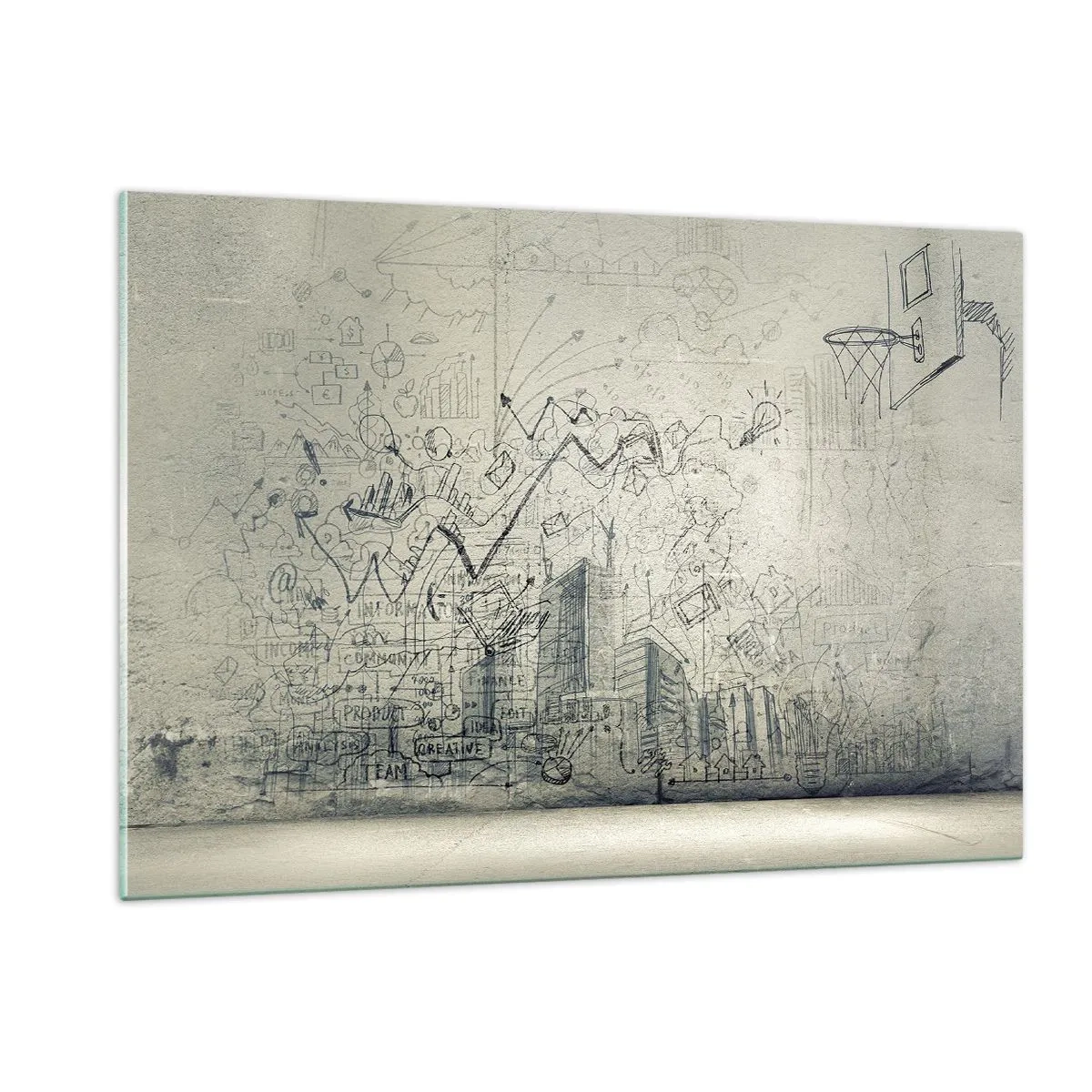 Cuadro sobre vidrio - Impresiones sobre Vidrio - Boceto gráfico con elementos empresariales y creativos. - 120x80cm - Mi gloriosa vida en la ciudad - Decoración de pared moderna para salón y dormitorio ARTTOR