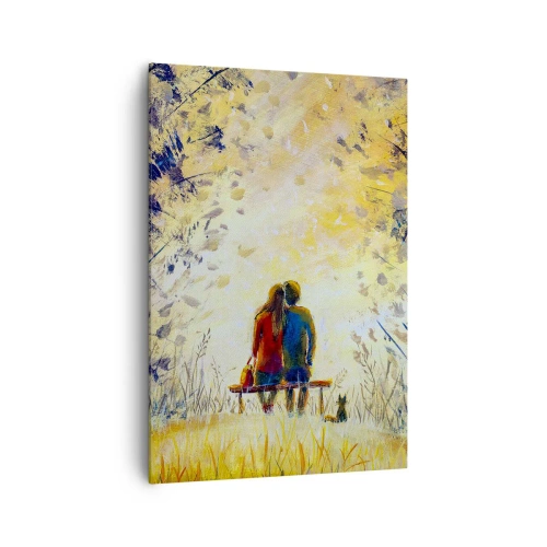 Cuadro sobre lienzo - Impresión de Imagen - Una pareja sentada en un banco entre árboles otoñales bajo la luz del sol. - 70x100cm - Un momento mágico - Decoración de pared moderna para salón y dormitorio ARTTOR